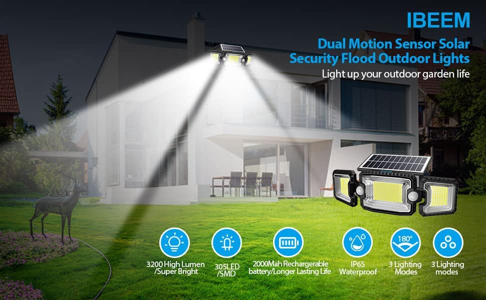 IBEEM Motion Sensor Outdoor Lights with 305 LED Solar Lights